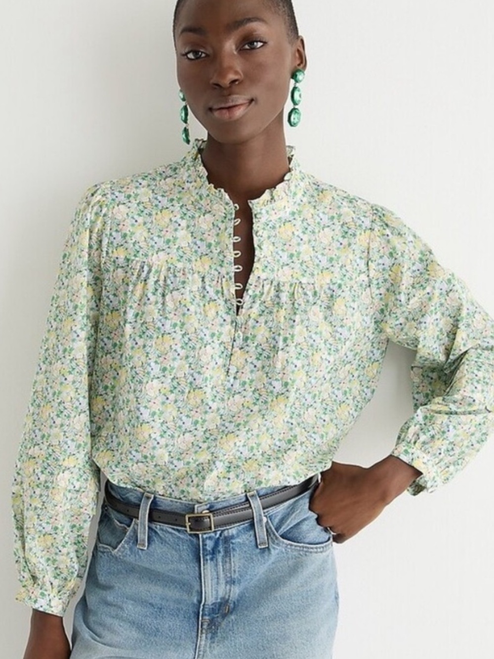 J. Crew Light Green Floral Ruffle-Trim Button Front Blouse